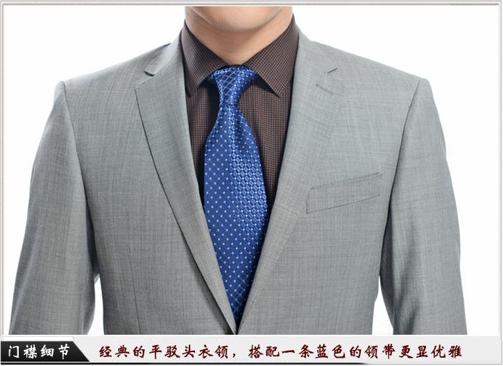 灰色平驳头一粒扣职业装定制-门襟细节展示，经典的平驳头衣领